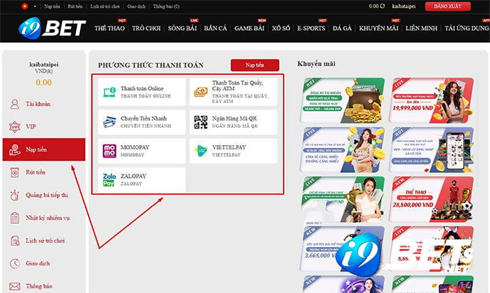 Nhà cái i9Bet có nhiều phương thức nạp tiền dễ dàng